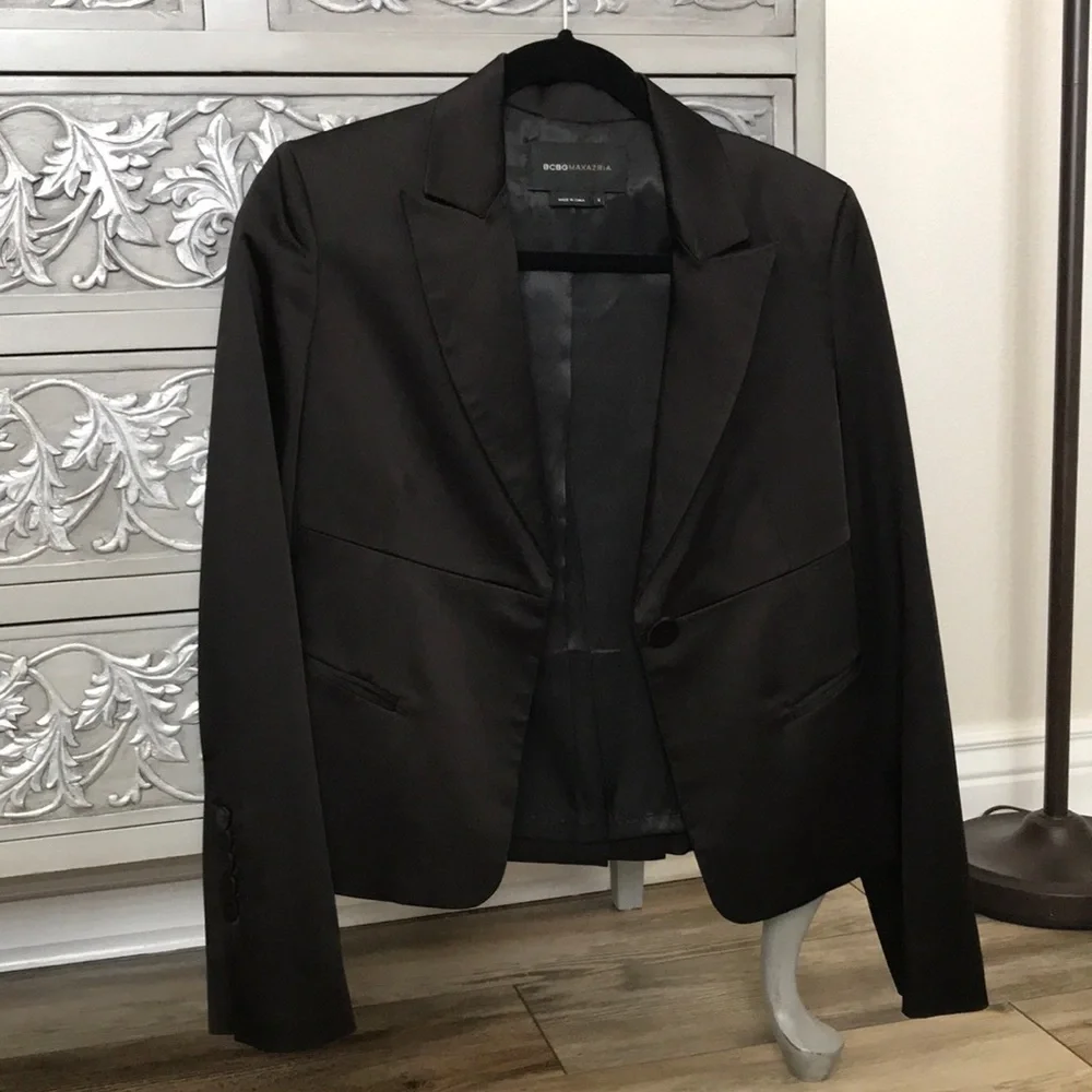 BCBG Satin Blazer Feminine Tuxedo with a Twist Black
